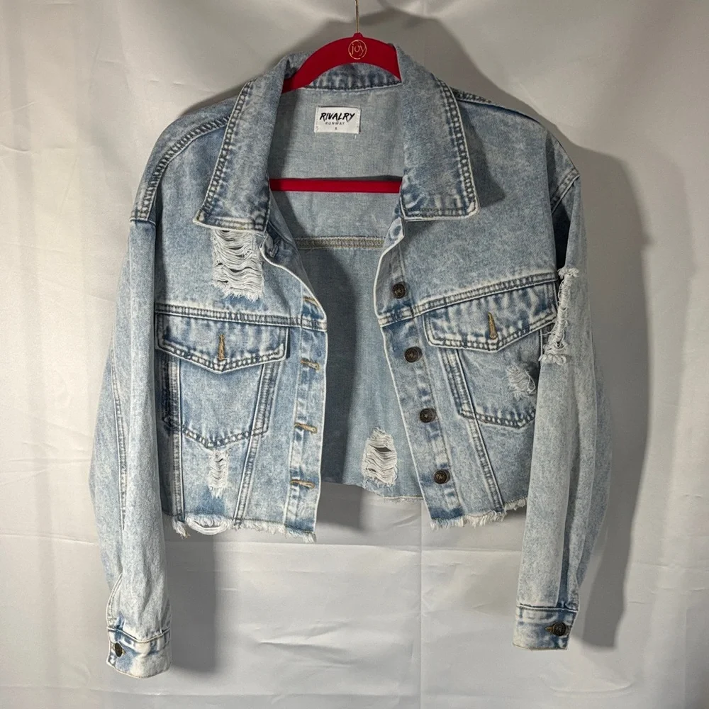 RTR COLLEGE DENIM JACKET Distressed SZ Small - Picture 7 of 9